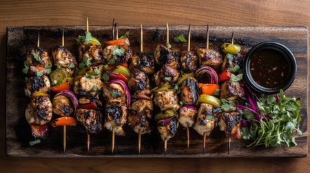 An elegant display of grilled chicken and vegetable skewers, arranged on a rustic board with vibrant garnishes and a dipping sauce on the side.の素材