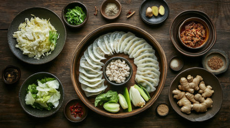 An artistic arrangement of gyoza ingredients, including ground pork, cabbage, and ginger, beautifully displayed on a rustic wooden table for an authentic cooking vibe.の素材