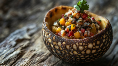A close-up of a pani puri bursting with flavors, showcasing the crispy exterior and colorful filling, presented on a rustic wooden table for a mouthwatering look.の素材