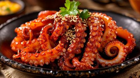 An artistic shot of Korean spicy squid garnished with sesame seeds and served on a traditional plate, creating a colorful and appetizing presentation that celebrates this dish.の素材