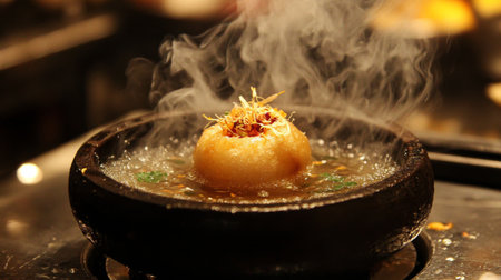 A close-up of a pani puri being dipped into spicy tamarind water, showcasing the burst of flavors as the puri is about to be enjoyed.の素材