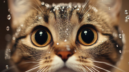 A close-up of a cat's face with water droplets glistening on its fur, showcasing its wide eyes and curious expression while being gently bathed in a warm setting.の素材