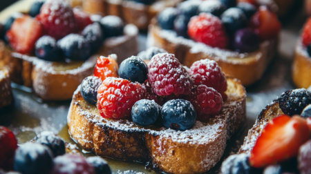 A close-up of honey toast topped with a colorful assortment of berries and a dusting of powdered sugar, creating a vibrant and inviting dessert.の素材