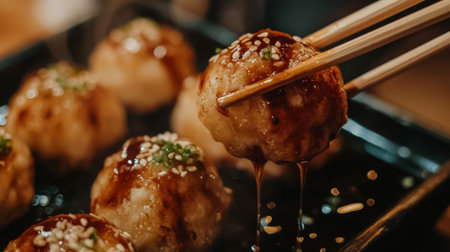A close-up of a perfectly cooked takoyaki ball being lifted with chopsticks, showcasing its golden exterior and delicious filling, with sauce glistening on top.の素材