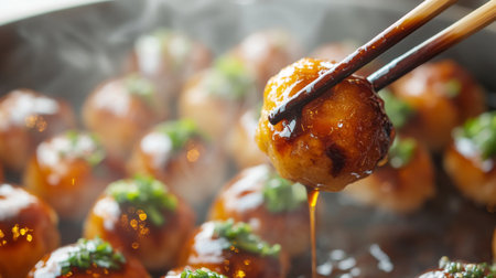 A close-up of a perfectly cooked takoyaki ball being lifted with chopsticks, showcasing its golden exterior and delicious filling, with sauce glistening on top.の素材