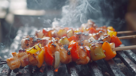 A close-up of vibrant, marinated skewers of chicken and vegetables sizzling on a charcoal grill, with smoke rising and a rustic wooden table in the background.の素材