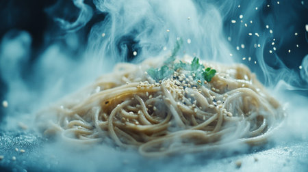 A close-up view of steaming soba noodles, glistening with a light soy sauce dressing, garnished with sesame seeds and fresh herbs for an appetizing presentation.の素材