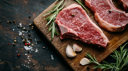 A close-up of vibrant red beef steaks, showcasing marbling and freshness, resting on a wooden cutting board with sprigs of rosemary and garlic cloves nearby.の素材