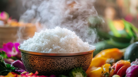 A close-up of freshly steamed jasmine rice piled high in a bowl, with steam rising and a backdrop of vibrant vegetables for a colorful presentation.の素材