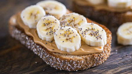 A close-up of a slice of whole grain toast topped with peanut butter and banana slices, sprinkled with chia seeds, showcasing a nutritious snack option.の素材