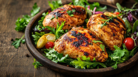 A cozy setting featuring a serving of tandoori chicken on a wooden table, garnished with fresh herbs and a colorful salad, inviting a delicious dining experience.の素材