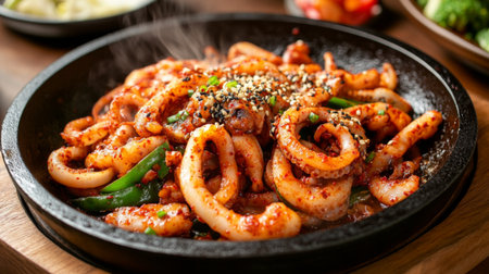 A close-up view of a sizzling skillet filled with Korean spicy squid, showcasing the rich color of the sauce and the freshness of the squid, surrounded by vegetables.の素材