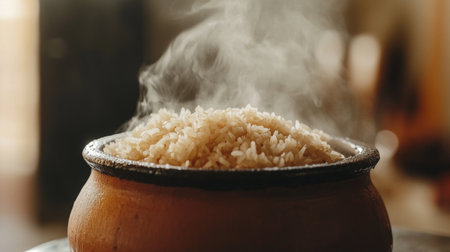 A close-up of steaming rice in a traditional clay pot, with droplets of steam visible and a rustic background to enhance the homely feel of the dish.の素材