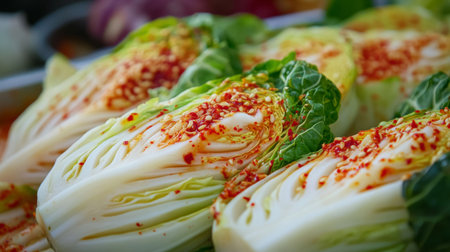A close-up view of freshly made kimchi, with its rich red chili paste coating crisp cabbage leaves, highlighting the dish's vibrant colors and appetizing appearance.の素材