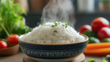A close-up of freshly steamed jasmine rice piled high in a bowl, with steam rising and a backdrop of vibrant vegetables for a colorful presentation.の素材