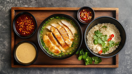 A cozy arrangement of Khao Mok Gai alongside a bowl of clear chicken soup and dipping sauces, highlighting a delicious and satisfying Thai meal experience.の素材