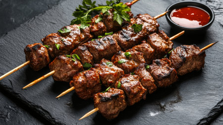 A minimalist shot of juicy beef kebabs arranged neatly on a dark slate plate, garnished with fresh herbs and a drizzle of sauce, emphasizing their rich flavors.の素材