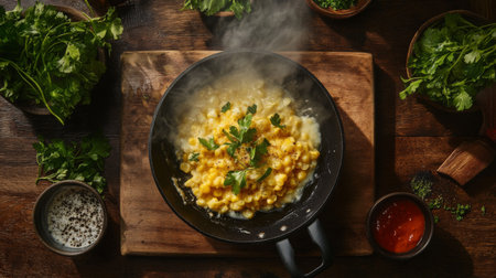 A cozy setup showcasing a bubbling skillet of cheese corn with steam rising, placed on a wooden table alongside fresh herbs and dipping sauces for an inviting presentation.の素材