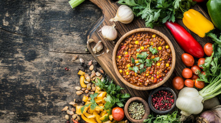 A cozy arrangement of chili dip served with a side of vibrant, fresh vegetables, highlighting a delicious and satisfying healthy eating experience.の素材