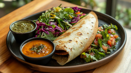 A cozy arrangement of dosa with a side of fresh salad and spicy chutney, highlighting a satisfying and delicious South Indian meal experience.の素材