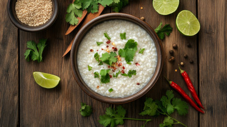A rustic presentation of rice porridge served in a traditional bowl, surrounded by fresh herbs, chili flakes, and lime wedges for an authentic touch.の素材