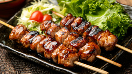 A cozy arrangement of grilled yakitori skewers on a ceramic dish, served with a side of refreshing salad, highlighting a delicious and healthy Japanese meal.の素材