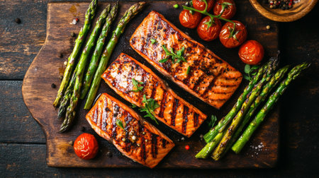 A top-down view of a rustic wooden table with grilled salmon steaks, accompanied by asparagus and cherry tomatoes, highlighting a balanced and appetizing meal.の素材