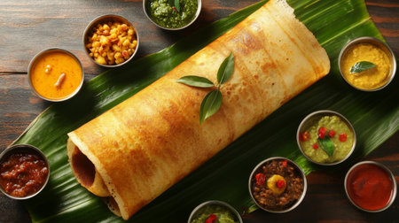 A top-down view of a large dosa served on a banana leaf, accompanied by small bowls of colorful chutneys, emphasizing the traditional presentation of this dish.の素材