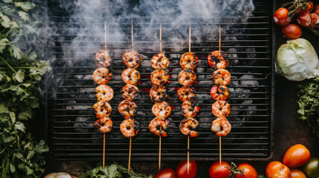 A top-down shot of skewers of marinated shrimp, placed on a grill with smoke rising, surrounded by fresh ingredients for a fresh, summery vibe.の素材