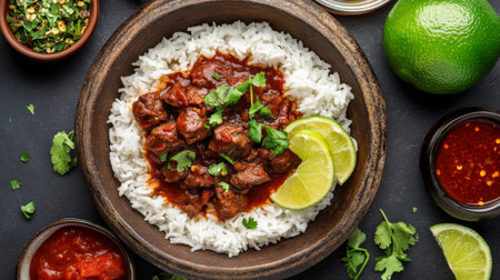 A rustic presentation of a bowl filled with stewed beef served over a bed of fluffy rice, with a side of spicy chili sauce and lime wedges for added flavor.の素材