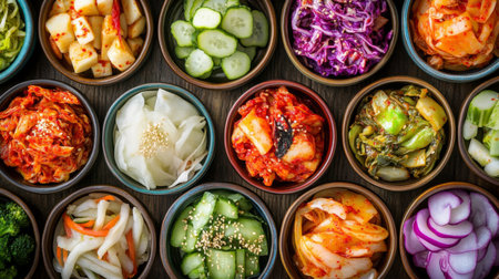 A top-down view of a colorful assortment of different types of kimchi in small bowls, creating an inviting and appetizing display for a traditional Korean meal.の素材