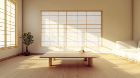 A serene view of a minimalist living room featuring a simple white sofa, a wooden coffee table, and large windows that let in natural light, creating a calm atmosphere.の素材