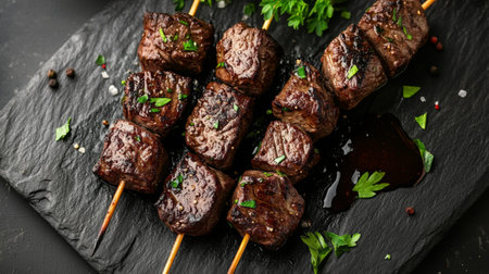 A minimalist shot of juicy beef kebabs arranged neatly on a dark slate plate, garnished with fresh herbs and a drizzle of sauce, emphasizing their rich flavors.の素材