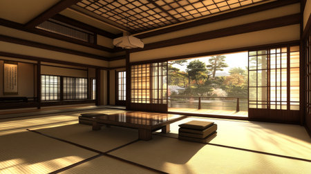 A modern Japanese home blending traditional and contemporary elements, showcasing large windows, a minimalist interior, and natural materials for a harmonious feel.の素材