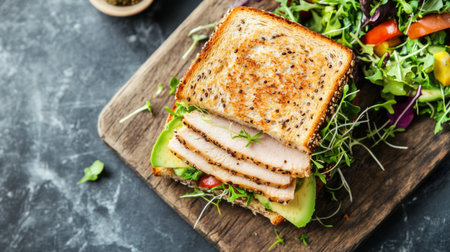 A top-down view of a healthy sandwich made with whole grain bread, avocado, sprouts, and sliced turkey, served with a colorful side salad.の素材