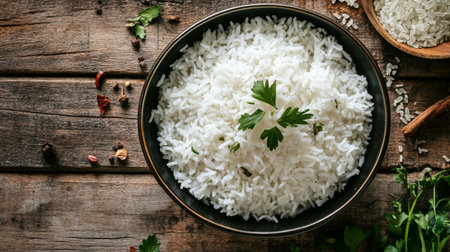 A top-down view of a bowl of hot, steaming rice with condensation on the sides, placed on a textured wooden table with scattered herbs and spices.の素材