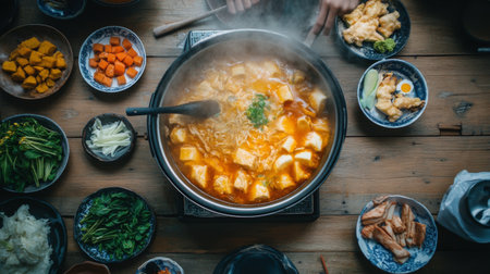A top-down view of a festive sukiyaki gathering, featuring a large pot filled with bubbling broth surrounded by bowls of colorful ingredients ready for cooking.の素材