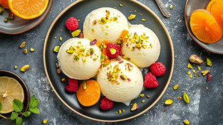 A top-down view of a beautifully presented plate of kulfi, Indian ice cream flavored with cardamom and pistachios, arranged with fresh fruit.の素材