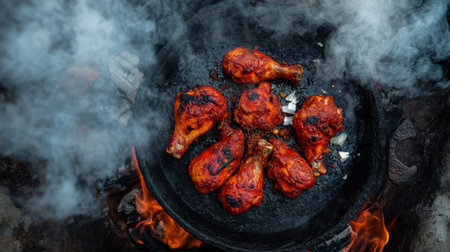 A top-down view of a sizzling tandoori chicken on a hot grill, with smoke rising and spices visibly coating the meat, emphasizing the cooking process.の素材