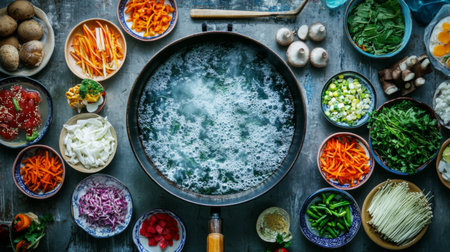 A top-down view of a festive sukiyaki gathering, featuring a large pot filled with bubbling broth surrounded by bowls of colorful ingredients ready for cooking.の素材