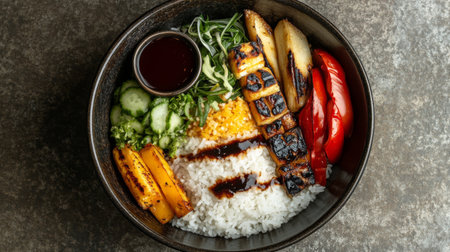 A top-down view of a bowl of steaming rice served with grilled vegetables and sauces, arranged beautifully on a textured table for an appetizing presentation.の素材