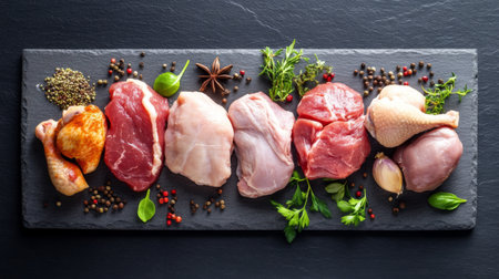 A stylish presentation of various fresh meats, including chicken and pork, placed on a slate board with scattered spices and herbs for a vibrant contrast.の素材