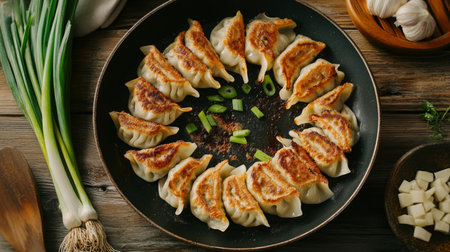 An artistic shot of gyoza being pan-fried in a skillet, with the crispy bottoms sizzling, surrounded by fresh ingredients like garlic and scallions for a vibrant presentation.の素材