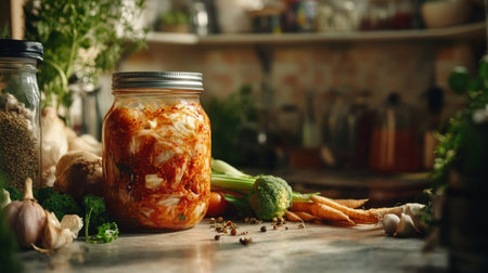 An artistic shot of a jar of kimchi fermenting on a kitchen counter, surrounded by fresh vegetables and spices, highlighting the traditional preparation process.の素材
