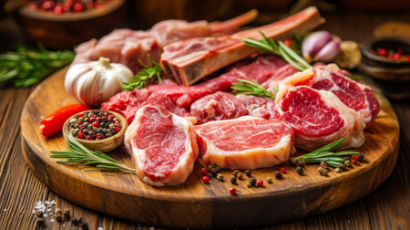 A colorful arrangement of fresh meat cuts, including steaks and chops, on a wooden cutting board, garnished with garlic and rosemary for added flavor.の素材