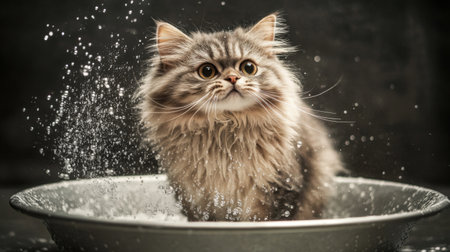 A fluffy cat standing in a shallow tub, surrounded by bubbles, with a look of surprise as it shakes off water droplets, capturing the playful moment.の素材
