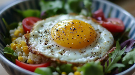 A colorful breakfast bowl featuring a fried egg on top of mixed greens and grains, drizzled with a light vinaigrette for a healthy and delicious start to the day.の素材