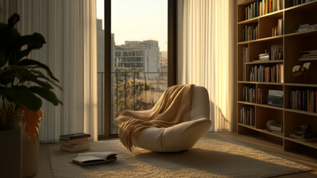 A cozy reading nook in a minimalist style, featuring a comfortable chair, soft throw blankets, and a small bookshelf, bathed in natural light from nearby windows.の素材