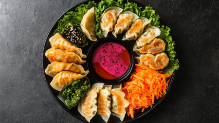 A top-down view of a colorful platter featuring assorted gyoza dumplings, including different fillings, beautifully arranged alongside dipping sauces for an inviting feast.の素材