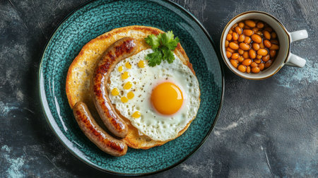 A top-down view of a classic full breakfast with fried eggs, sausages, and baked beans, arranged on a vibrant plate, inviting an indulgent start to the day.の素材